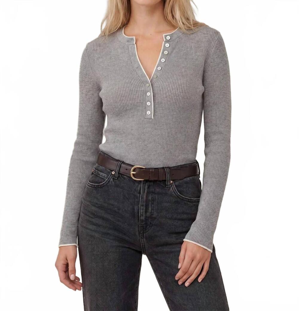 NEW 525 AMERICA emmeline rib layered henley sweater in heather grey combo